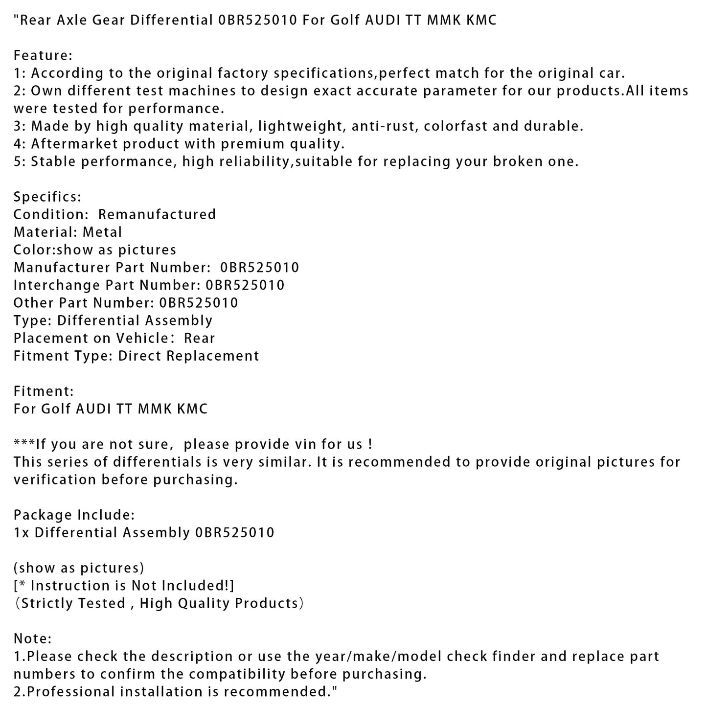 Differenziale assale posteriore Golf AUDI TT MMK KMC 0BR525010