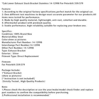 Staffa inferiore per tubo di scarico in acciaio inossidabile per cabina Peterbilt 359/379 14-12998