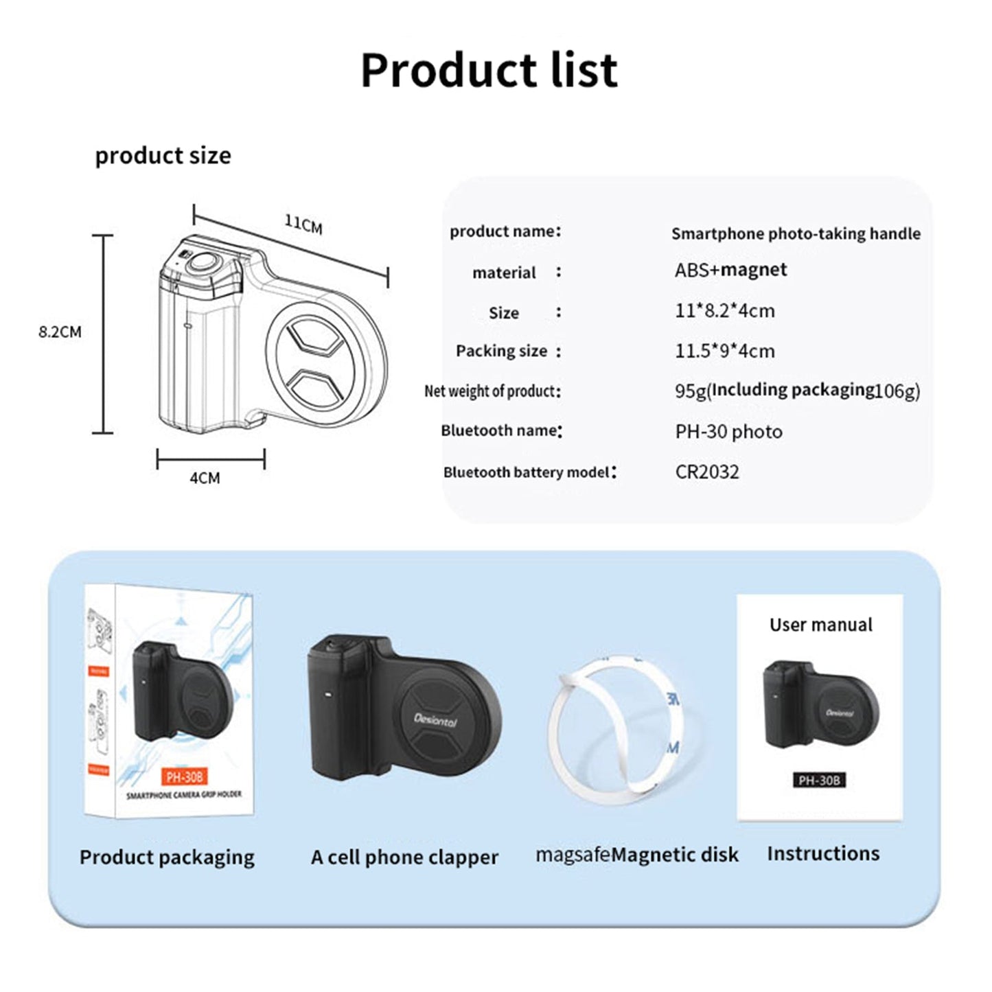 PH-30b Clip per selfie magnetica per telefono cellulare con ventosa magnetica, maniglia per scatto wireless