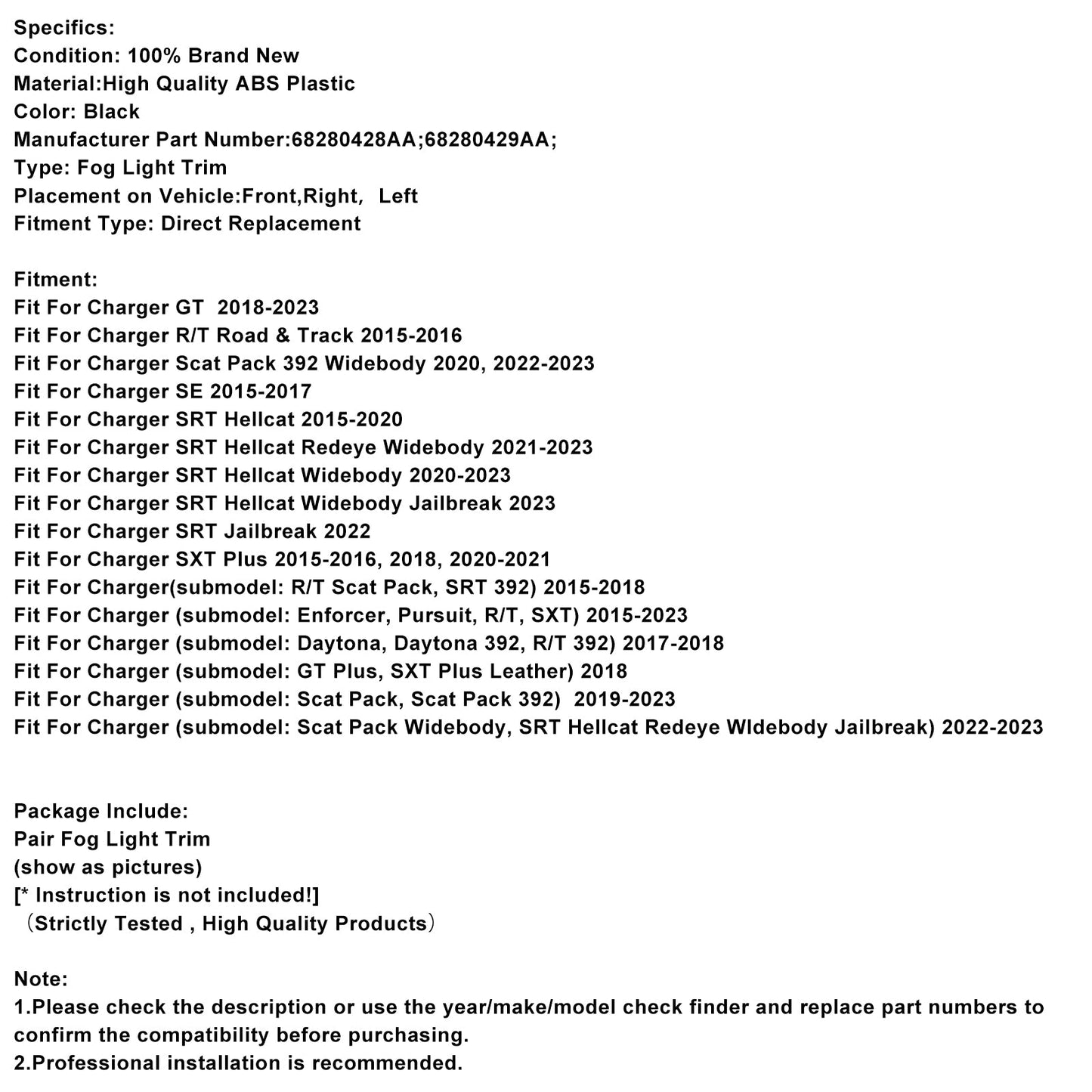 Coppia di cornici per fendinebbia per Dodge Charger 2015-2022 68280428AA
