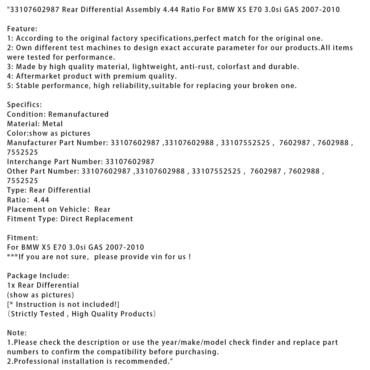 Gruppo differenziale posteriore a gas BMW X5 E70 3.0si 2007-2010, rapporto 4,44, 33107602987