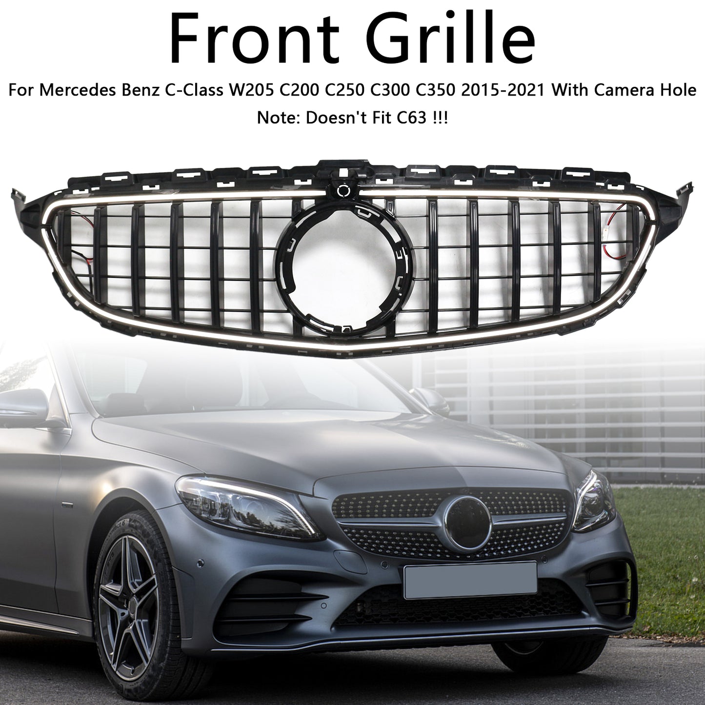 Per Mercedes W205 C250 C300 2015-2021 W/LED Griglia paraurti anteriore nera