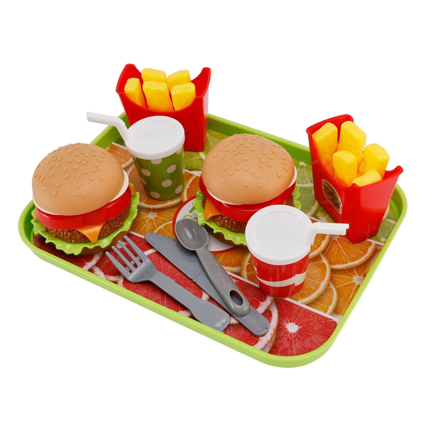 Set da cucina giocattolo per bambini con hamburger, waffle, patatine fritte, bevande e cibo finto.
