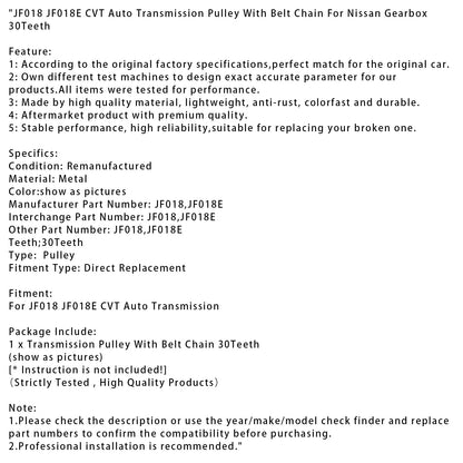 Puleggia per trasmissione automatica CVT JF018 JF018E con catena a cinghia per Nissan 30 denti