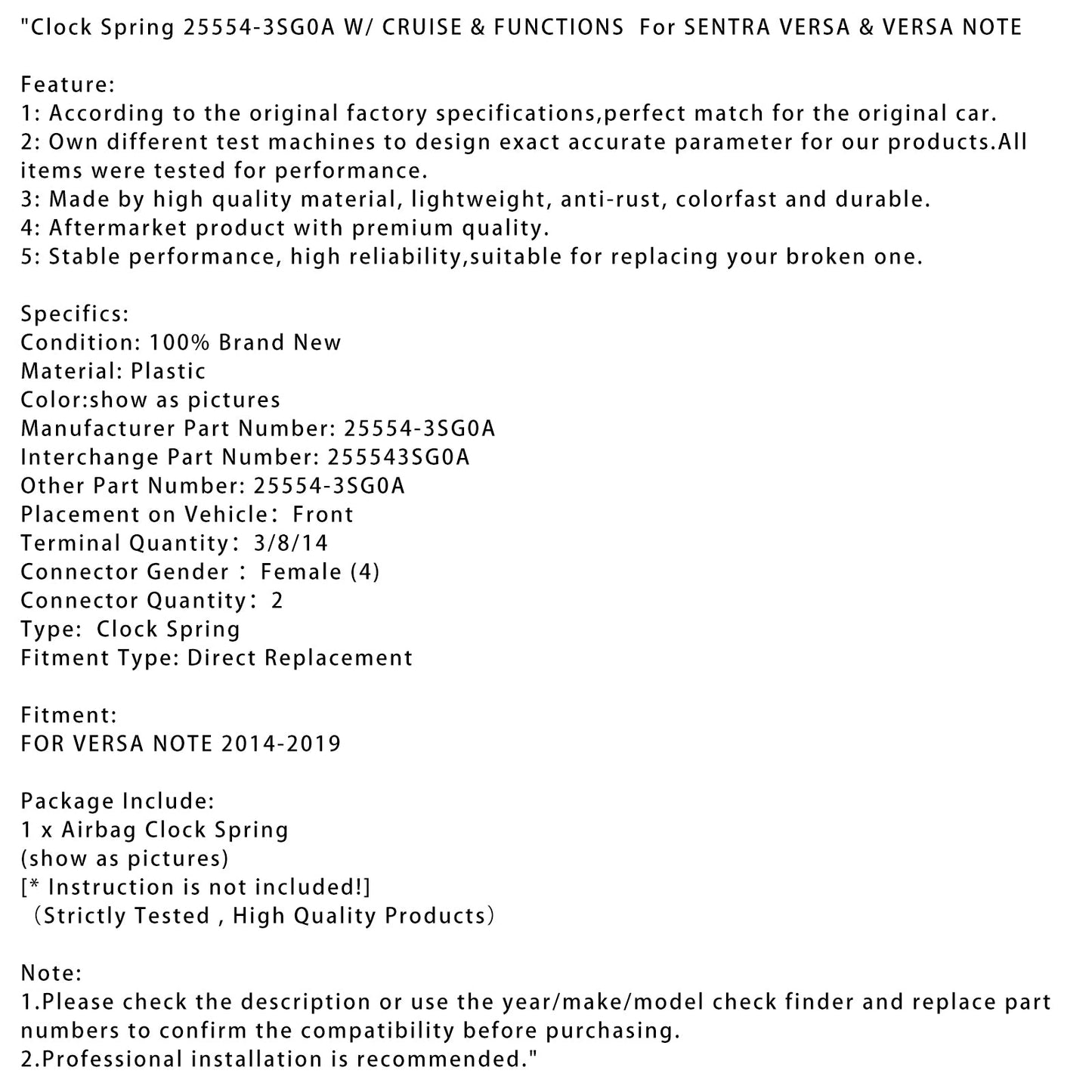 Molla dell'orologio SENTRA VERSA e VERSA NOTE 2014-2019 25554-3SG0A con funzione CRUISE e FUNZIONI 25554-3SG0A