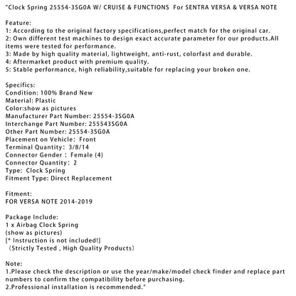 Molla dell'orologio SENTRA VERSA e VERSA NOTE 2014-2019 25554-3SG0A con funzione CRUISE e FUNZIONI 25554-3SG0A
