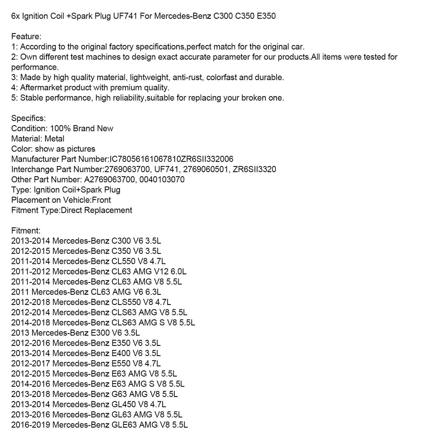 2012-2016 Mercedes-Benz SLK350 V6 3.5L Bobina di accensione + Candela UF741 6 pezzi 2769063700