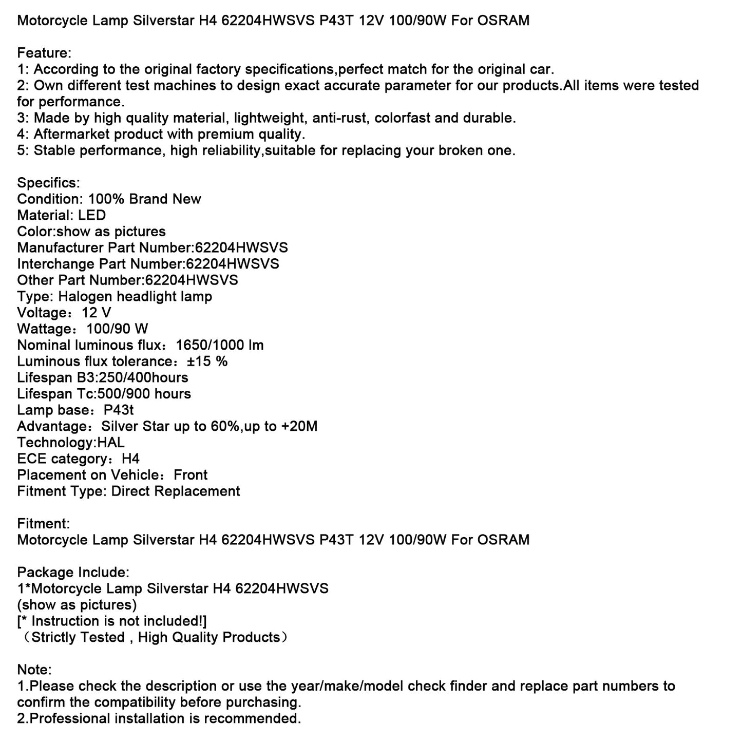 Lampada per moto Silverstar H4 62204HWSVS P43T 12V 100/90W per OSRAM