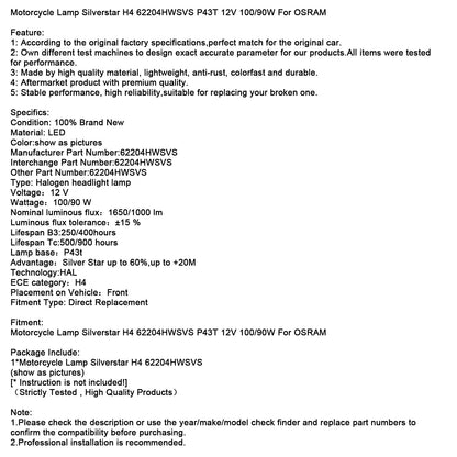 Lampada per moto Silverstar H4 62204HWSVS P43T 12V 100/90W per OSRAM