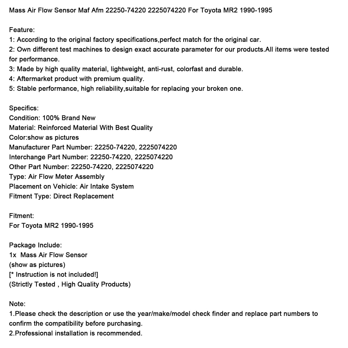 Sensore di portata aria di massa Toyota MR2 1990-1995 Maf Afm 22250-74220 2225074220