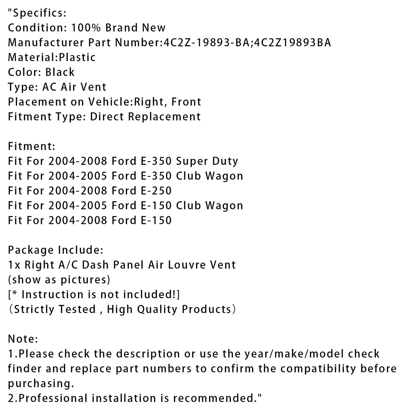 Griglia di ventilazione del pannello del cruscotto del climatizzatore per Ford E-150 E-250 4C2Z19893BA