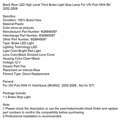 Luce di stop posteriore alta nera per VW Polo MK4 9N 2002-2009