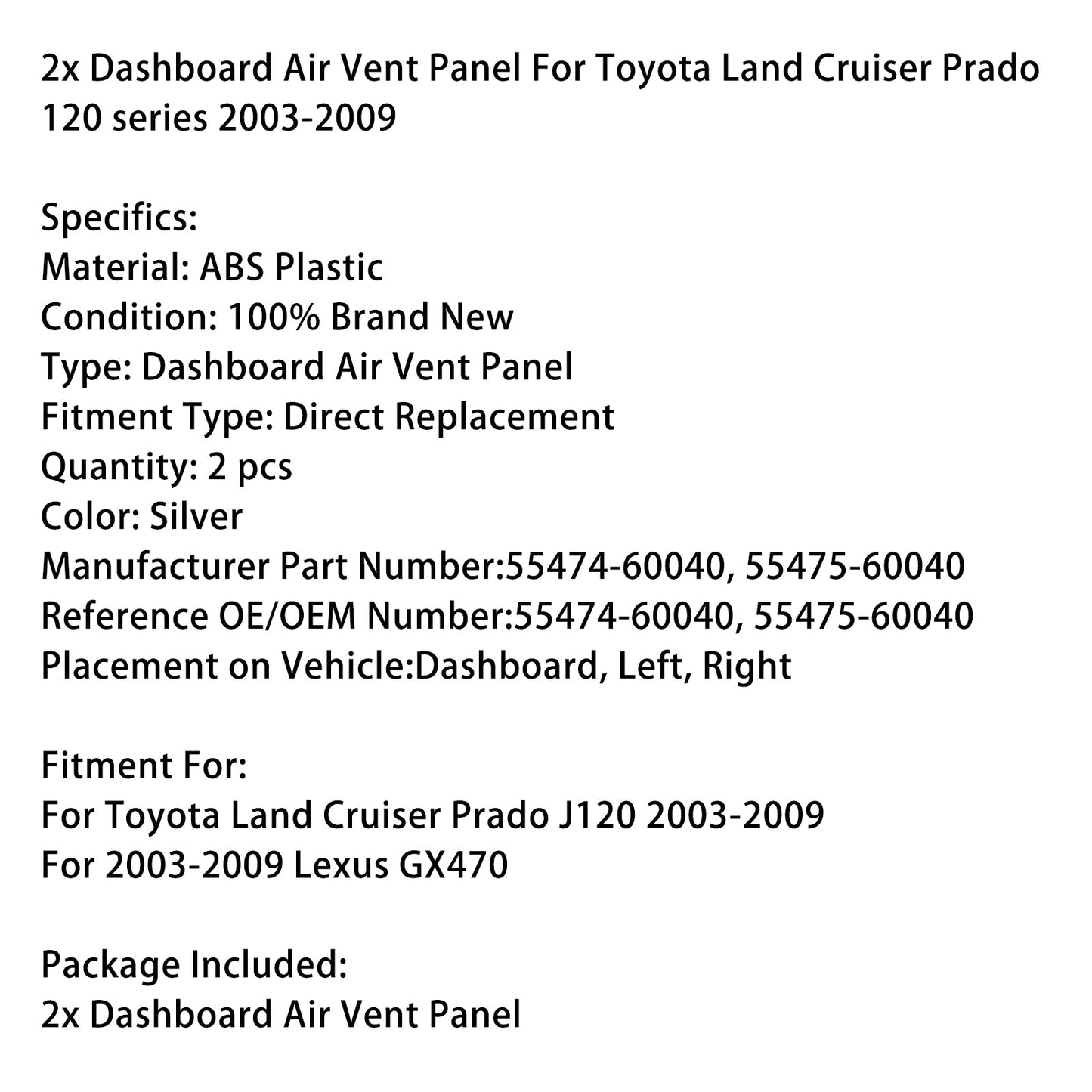 Pannello di ventilazione del cruscotto 2x per Toyota Land Cruiser Prado 120 serie 2003-2009