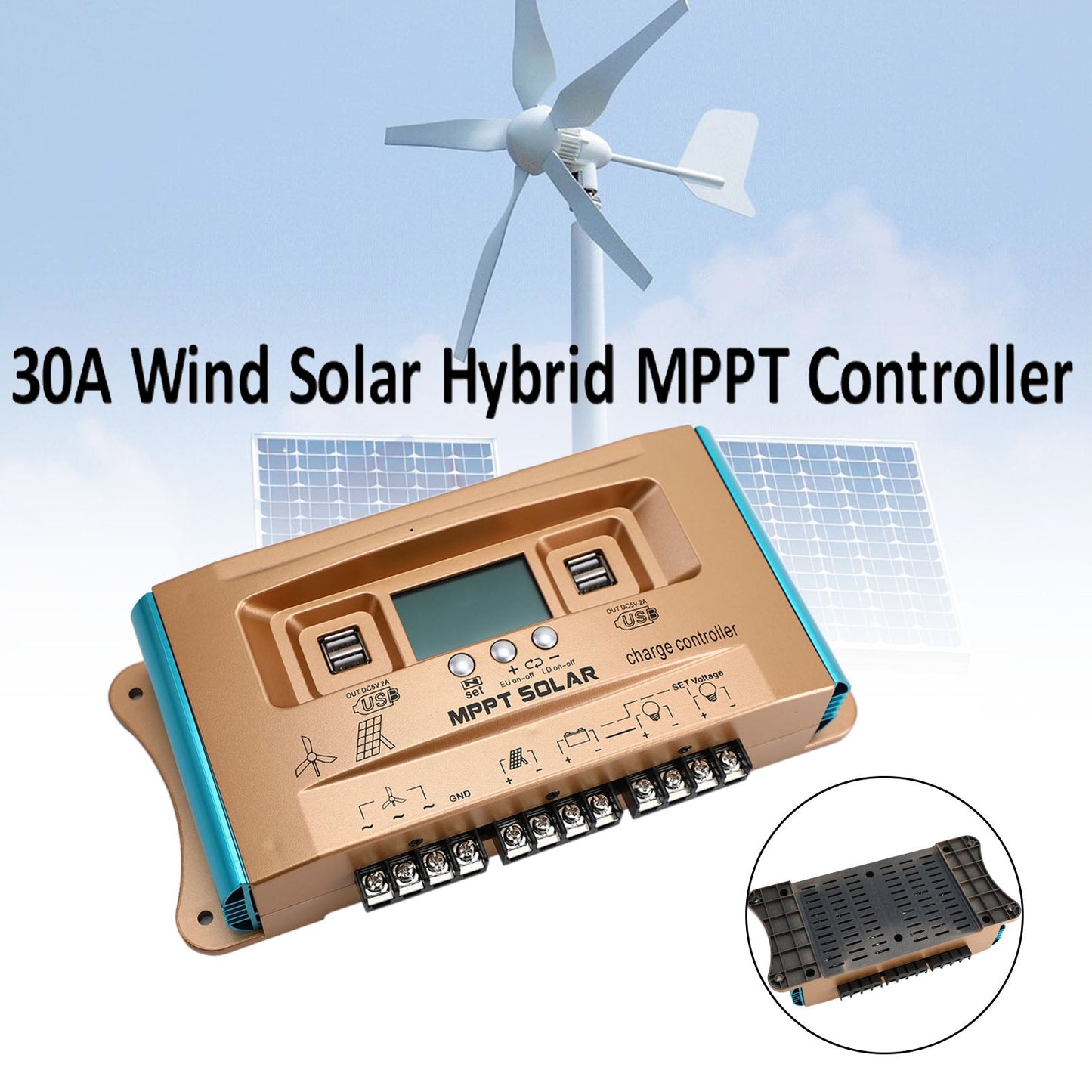 30A MPPT AUTO Dual USB Wind Solar Hybrid Charge Controller Caricabatterie 12V-60V