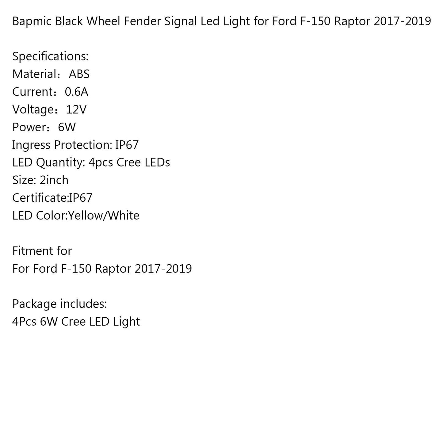 4PCS Ford F-150 Raptor 2017-2019 Bapmic Parafango Ruota Segnale Led Luce