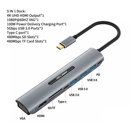 Docking station USB-C 9 in 1 4K HD VGA PD100W per laptop MacBook di tipo C