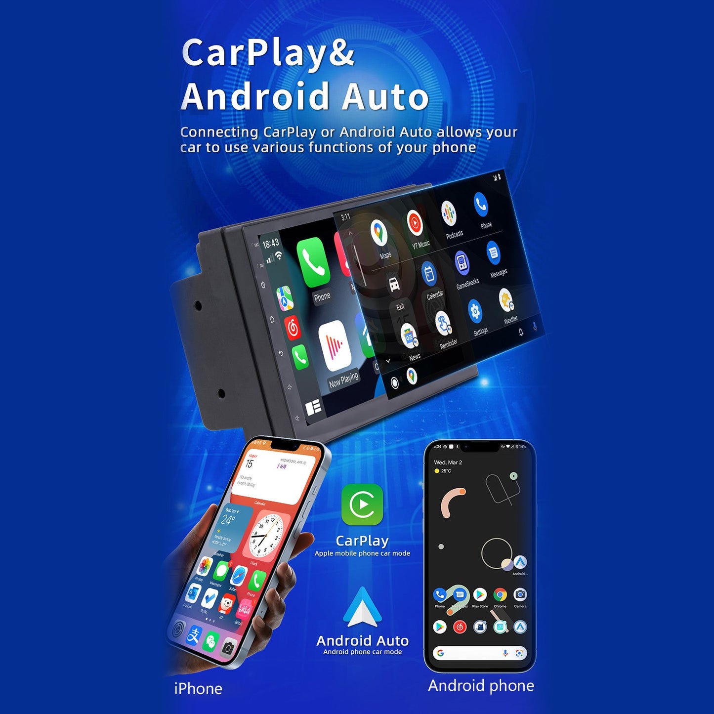 Lettore MP5 stereo per auto Android 10 da 7" 2G+64G Quad Core GPS WiFi Bluetooth Carplay