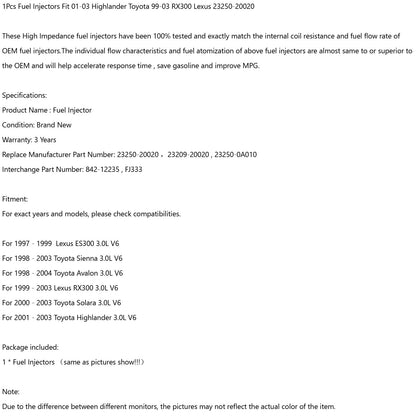 1 Pcs Iniettori di Carburante Fit 01-03 Highlander Toyota 99-03 RX300 Lexus 23250-20020 Generico