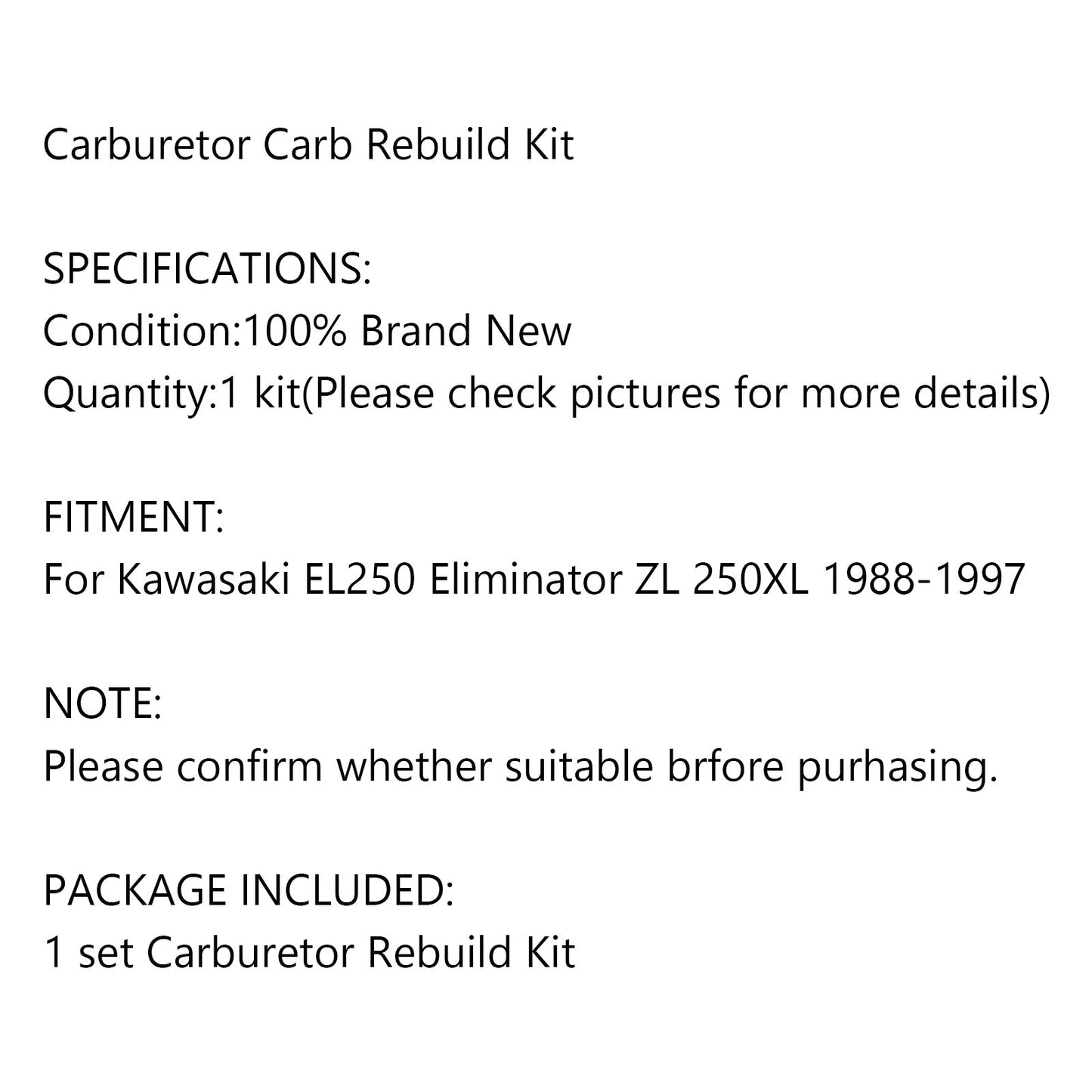 Kit di riparazione carburatore moto per Kawasaki EL250 Eliminator ZL 250XL 1988-1997 Generico