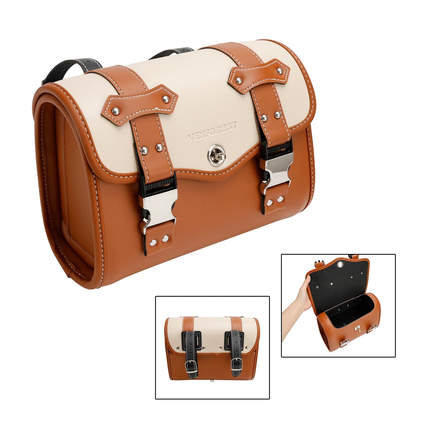 Borsa per attrezzi laterale per borsa laterale Borsa universale in tinta unita per moto Marrone-Bianco