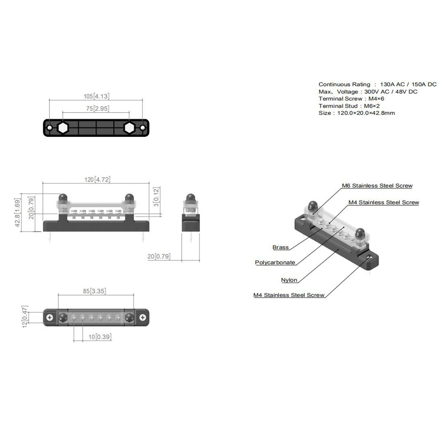 6 Way 150A Morsettiera di distribuzione Car Marine Boat Holder Cover 48V Bus Bar