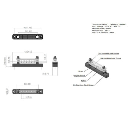 6 Way 150A Morsettiera di distribuzione Car Marine Boat Holder Cover 48V Bus Bar