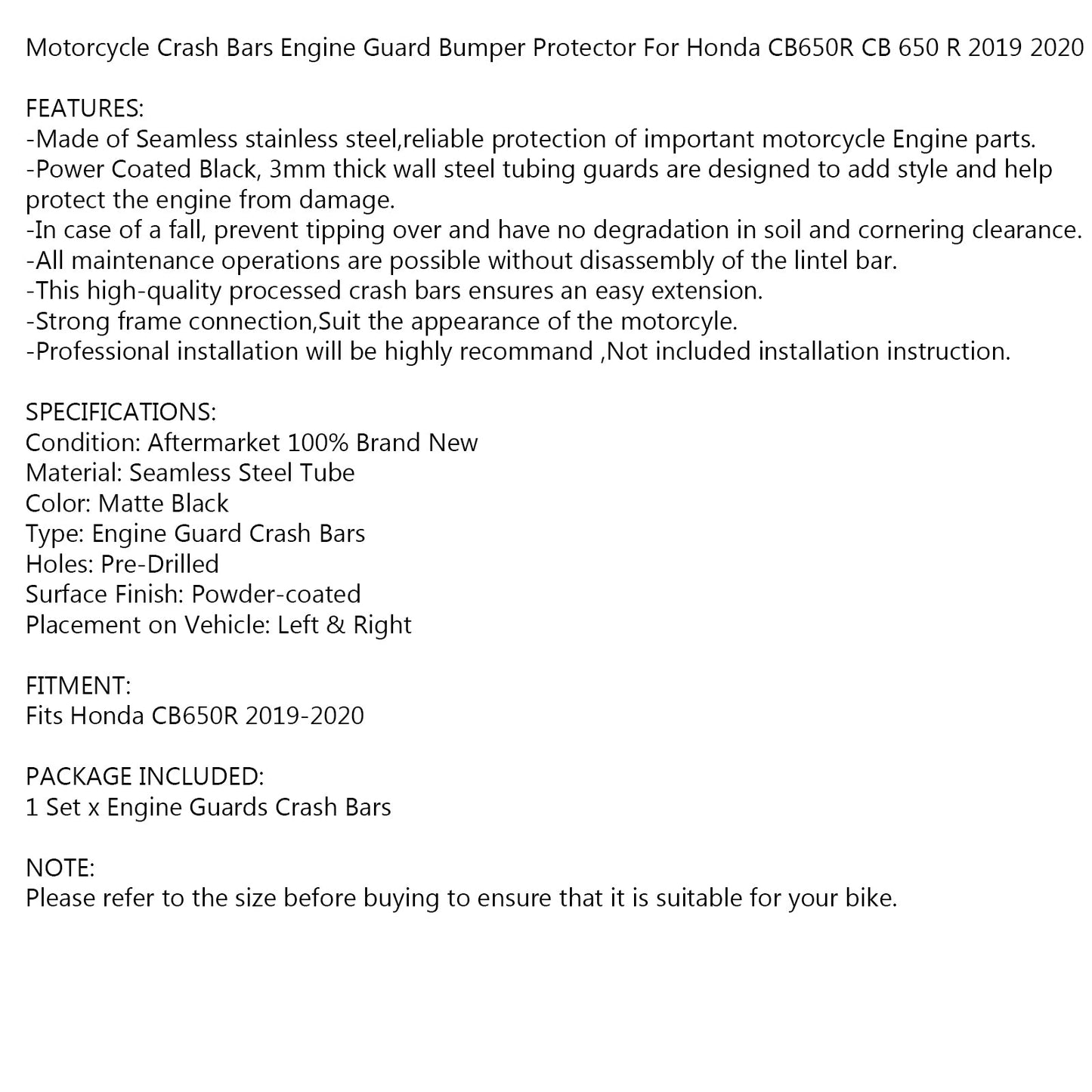 Moto Crash Bar Motore Guard Paraurti Protector Fit per Honda CB650R CB 650 R 2019 2020 2021 Generico