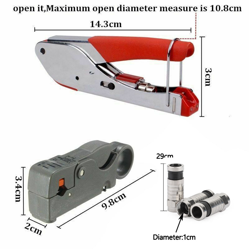 Compression Stripper Tool Crimpatrice coassiale tipo F + 10 connettori a crimpare RG6
