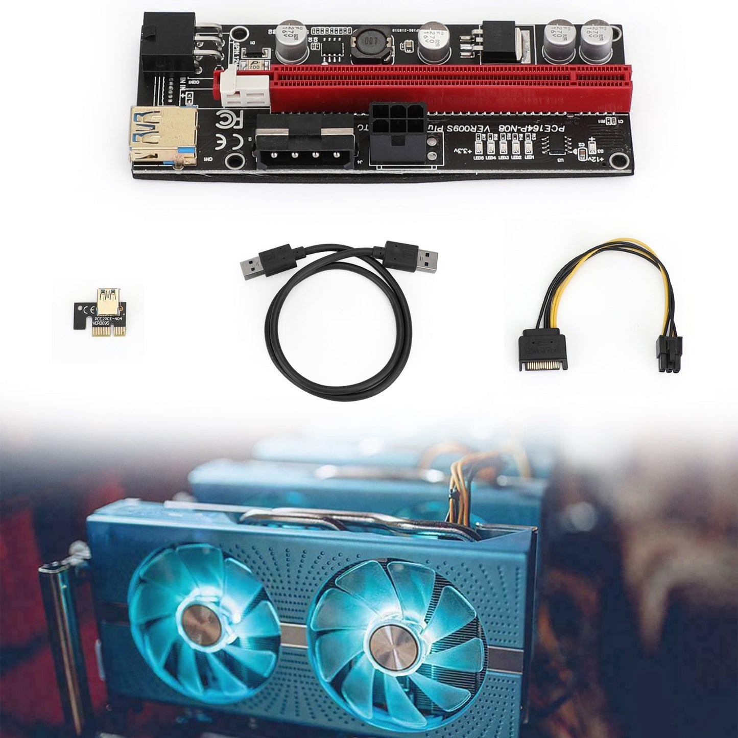 009S Plus PCI-E Riser Card Adattatore PCI Express da 1X a 16X Cavo dati USB 3.0