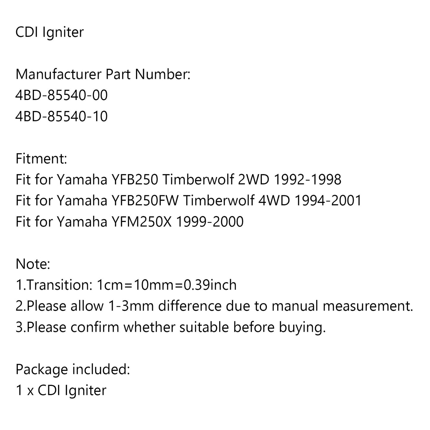 Accenditore CDI adatto per Yamaha YFB250 Timberwolf YFB250FW YFM250X 4BD-85540-10 Generico