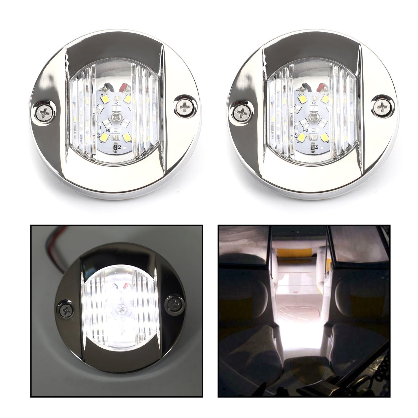 2PCS LED Marine Boat Yacht Specchio di poppa Cromo Ancora Luce di poppa Rotonda 2835-SMD 12V