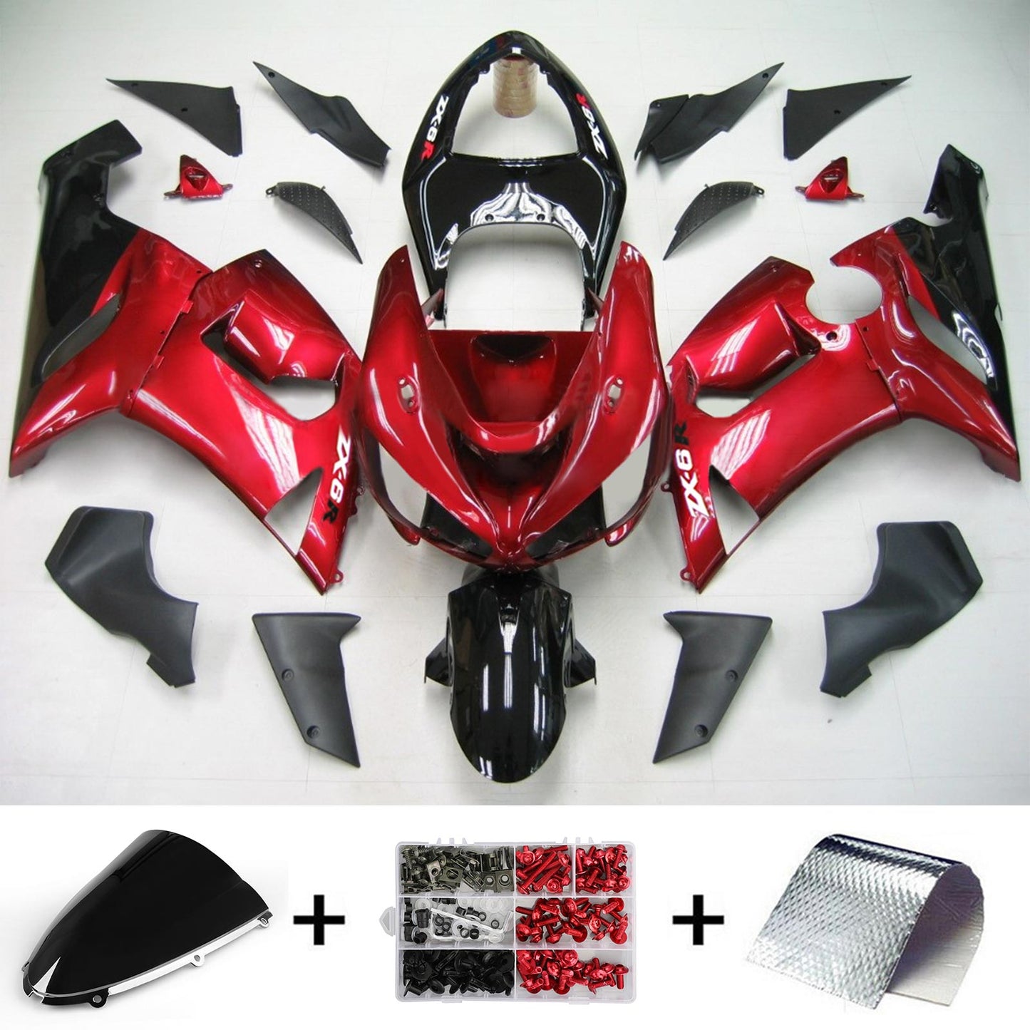 Amotopart Kawasaki 2005-2006 ZX6R 636 Red Black Fearing Kit