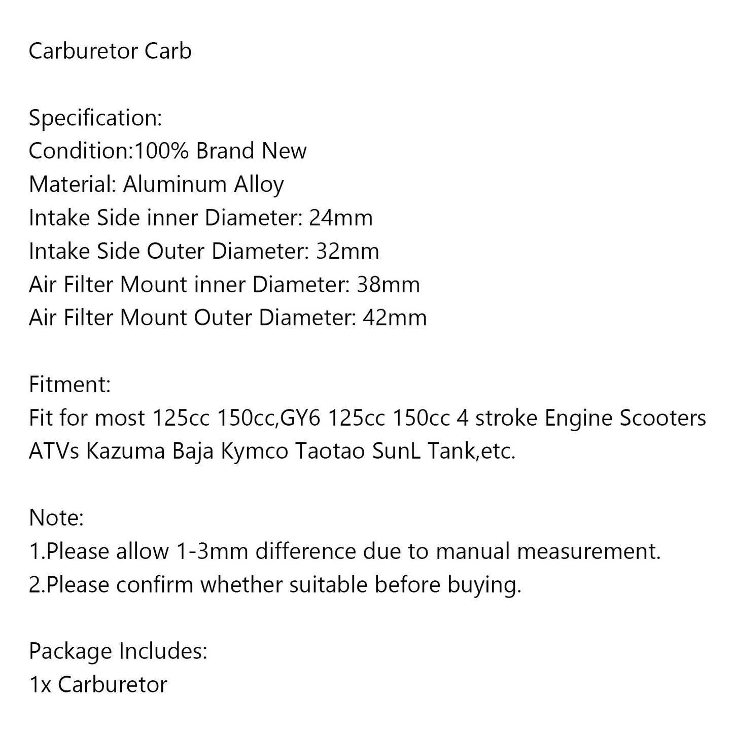 Carburatore Carb per GY6 125 150cc Scooter ATV Kazuma Baja Kymco Taotao SunL Serbatoio Generico