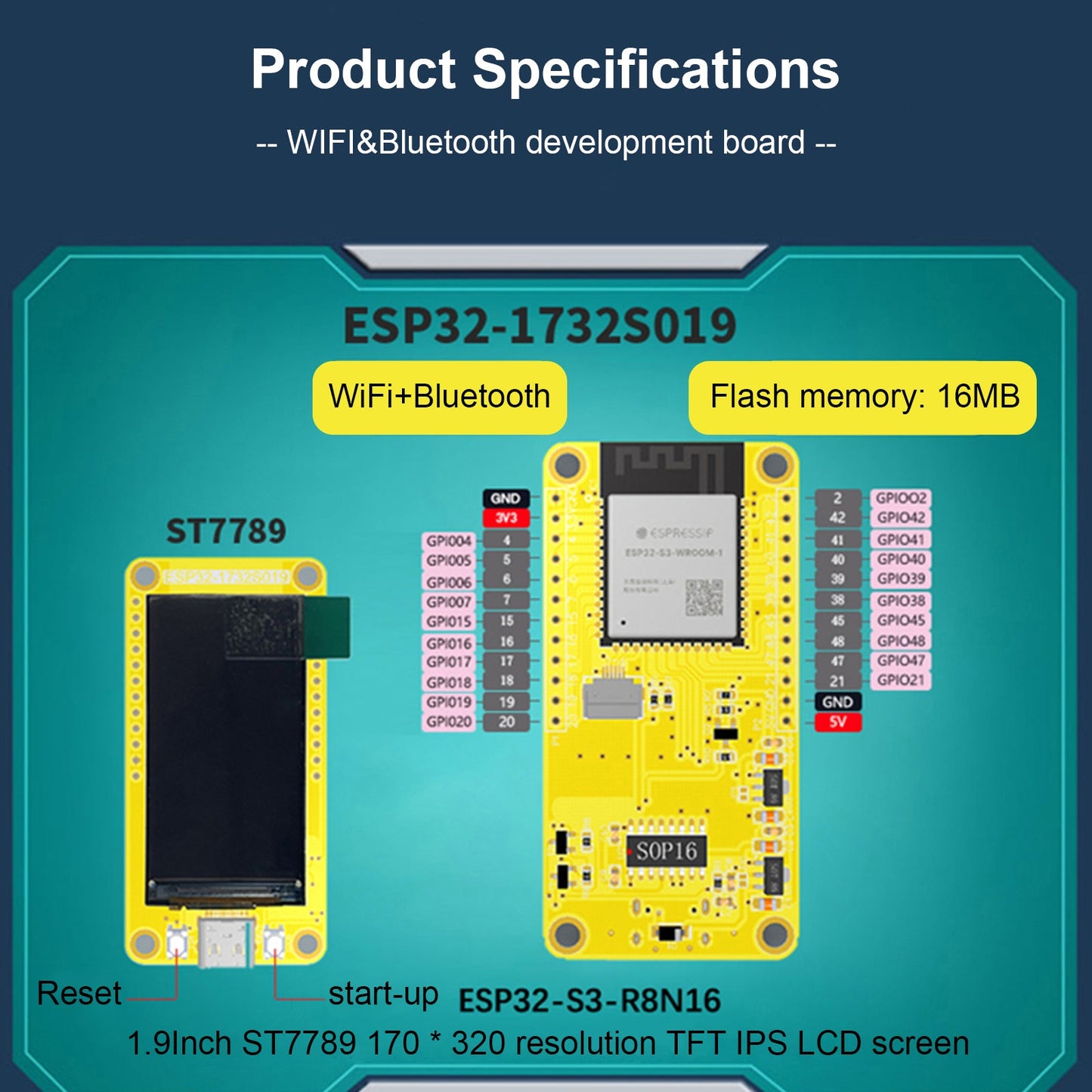 ESP32-S3 Scheda di sviluppo schermo da 1,9" Modulo TFT display Wifi Bluetooth 170*320