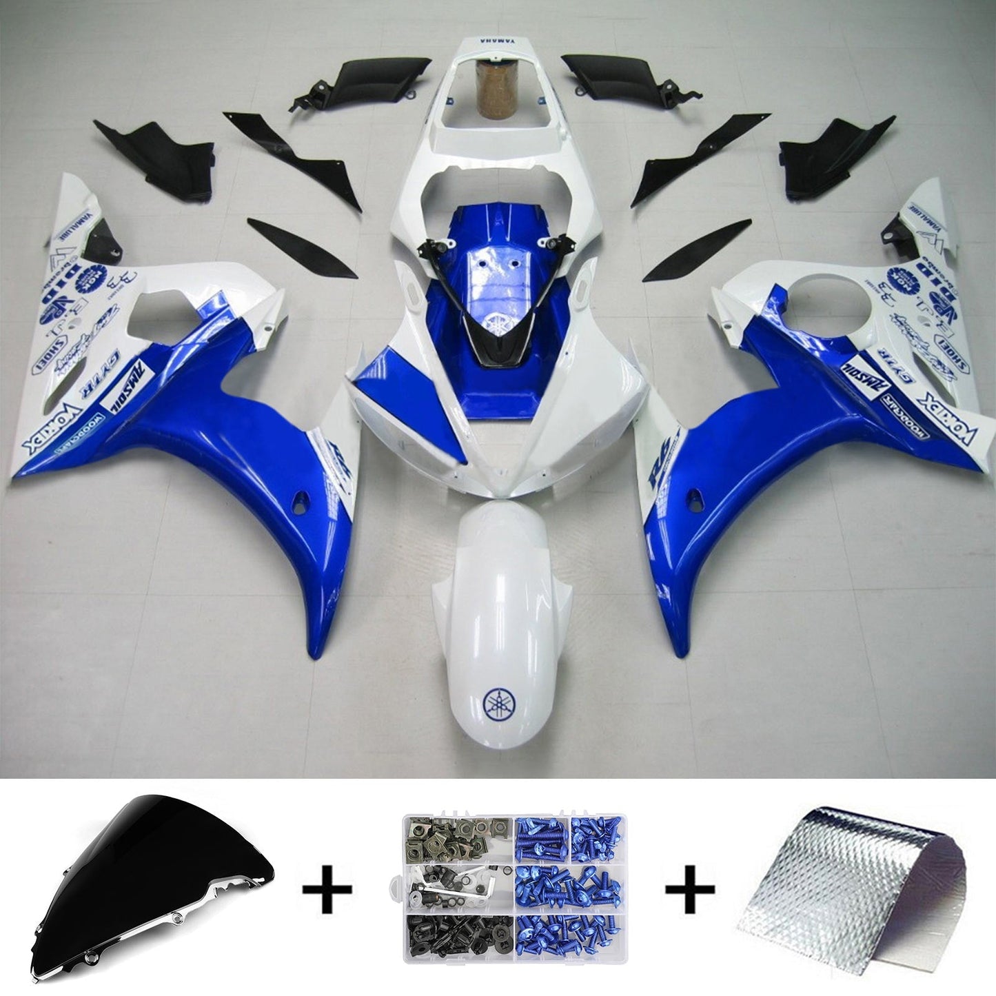 Amotopart Yamaha 2003-2004 YZF 600 R6 e 2006-2009 YZF R6S Kit di carenatura bianca blu