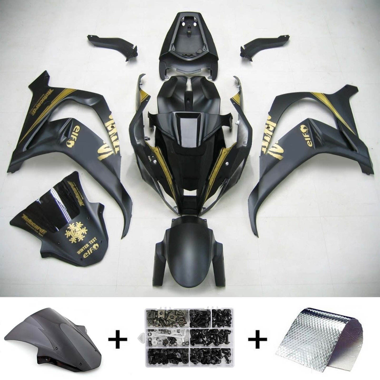 Amotopart Kawasaki ZX10R 2011-2015 Matt Schwarz con un kit di rivestimento adesivo dorato