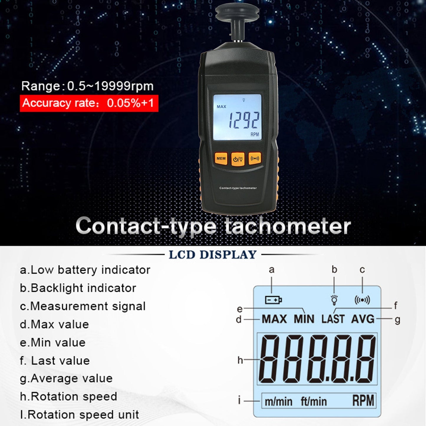GM8906 Contagiri motore digitale portatile Tachimetro LCD Tachimetro RPM Tester