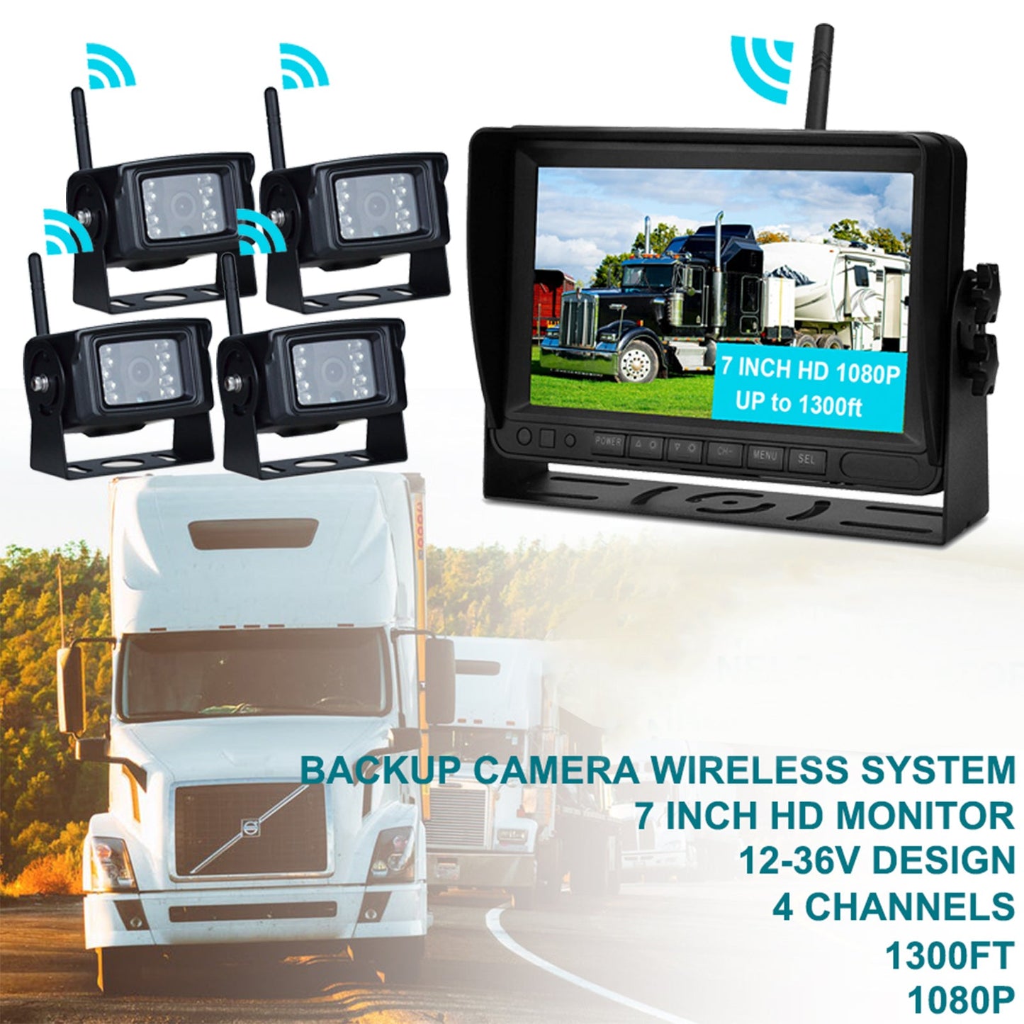 Kit telecamera di backup per retrovisione AHD 1080P wireless con display da 7 pollici per rimorchio per camion
