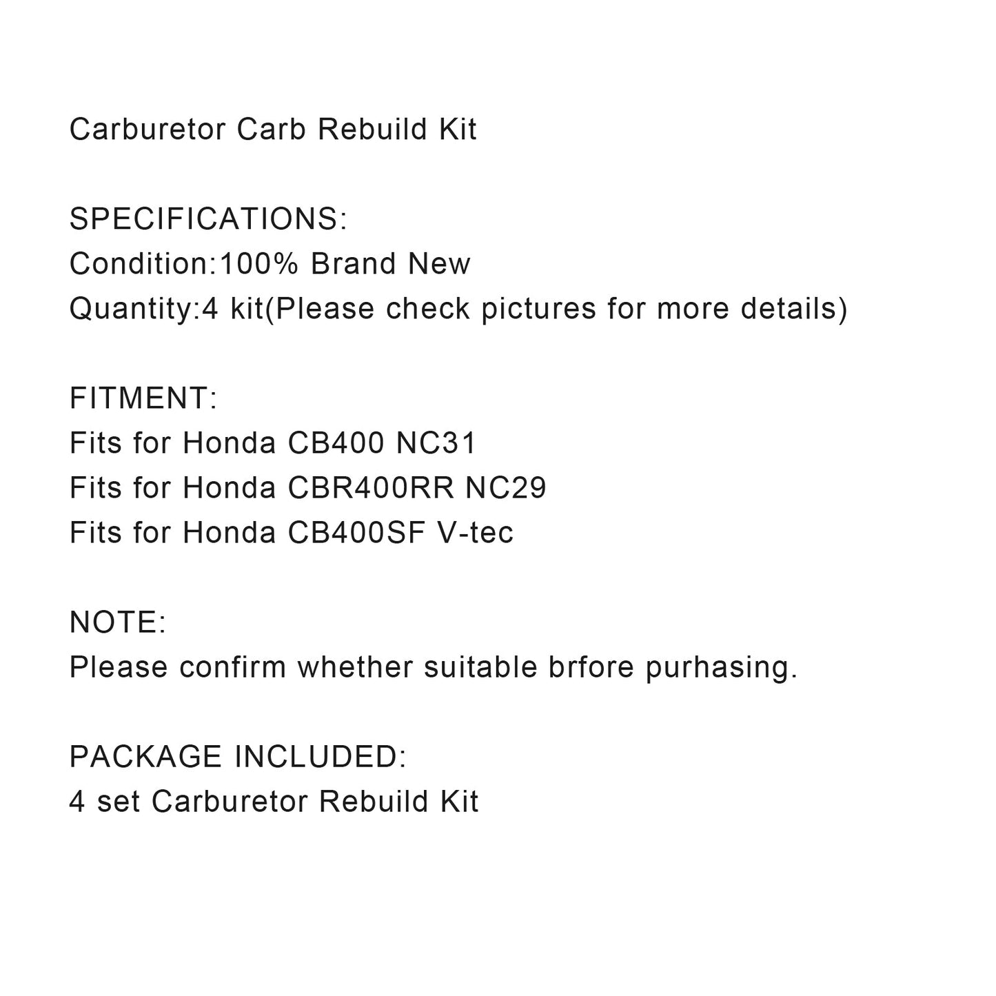 4x Vergaser Reparatur Satz per Honda CB400 NC31 CBR400RR NC29 CB400SF V-tec Generico