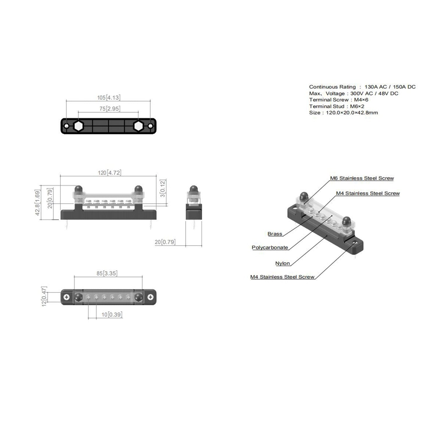 6 Way 150A Morsettiera di distribuzione Car Marine Boat Holder Cover 48V Bus Bar
