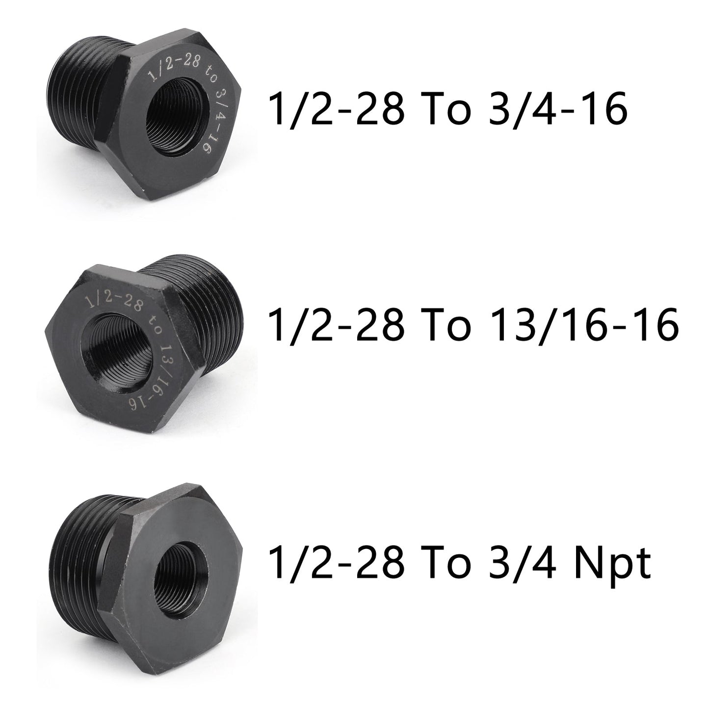 3PCS 1/2-28 a 3/4-16, 13/16-16, 3/4 NPT Filettatura Adattatori Filtro Olio Nero Nuovo