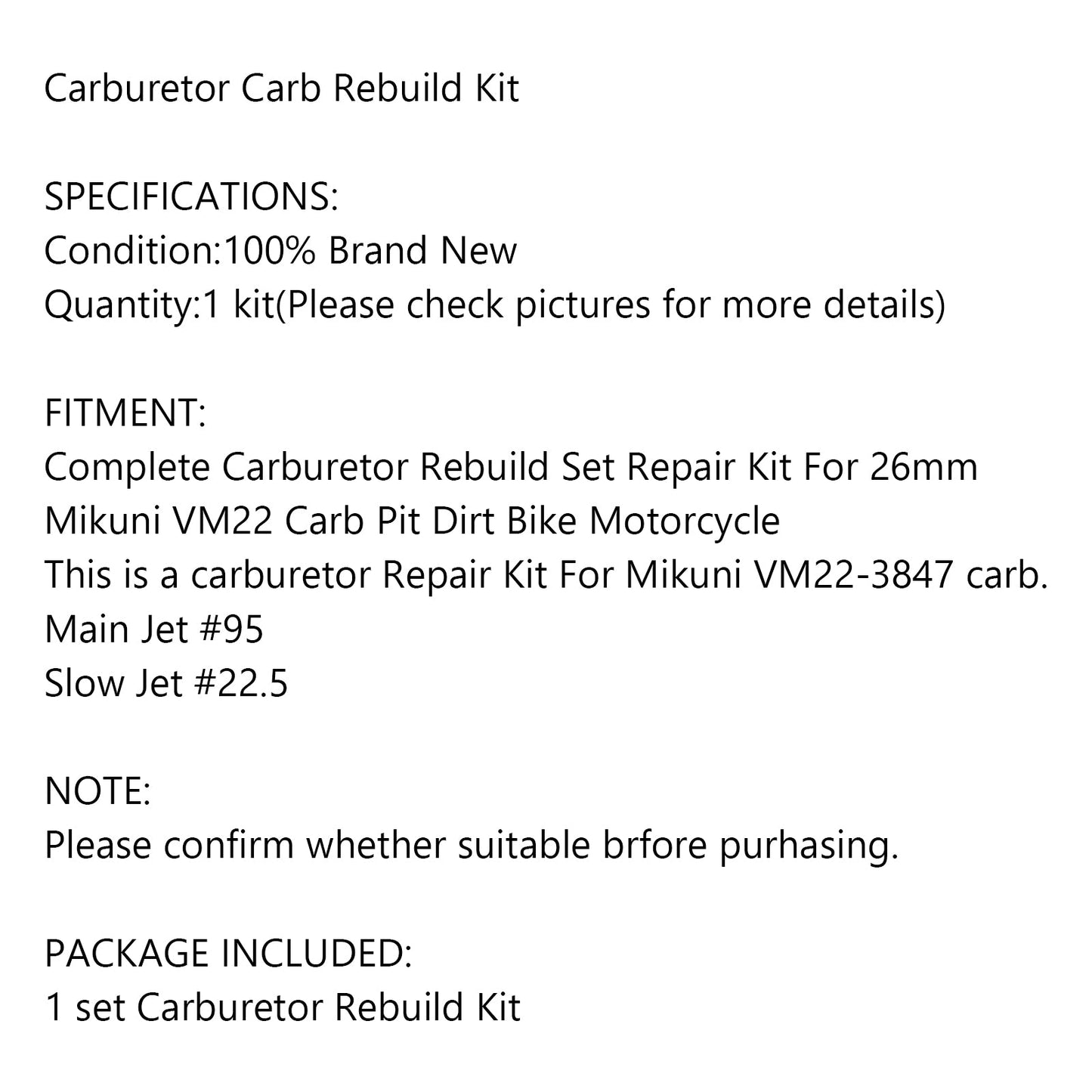 Kit di riparazione per ricostruzione carburatore per 26mm Mikuni VM22 Carb Dirt Pit Bike Jet # 95 Generico
