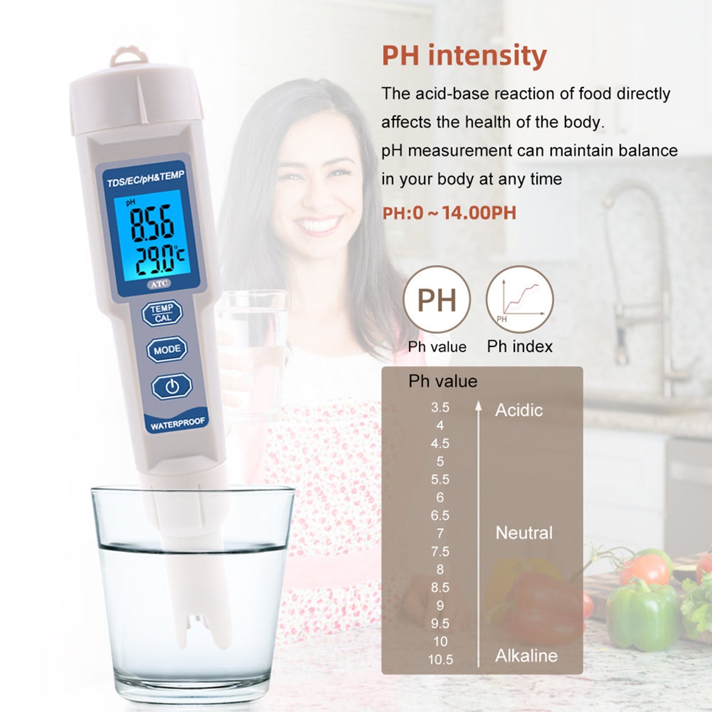 4In1 PH/TDS/EC/Misuratore di temperatura Strumento di test del tester del monitor della qualità dell'acqua digitale