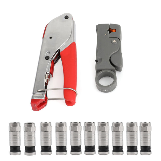Compression Stripper Tool Crimpatrice coassiale tipo F + 10 connettori a crimpare RG6