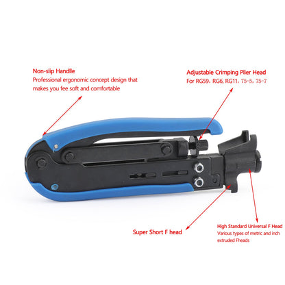 Strumento di compressione coassiale tipo F Kit di piegatura cavi coassiali regolabile RG6 RG59 RG11