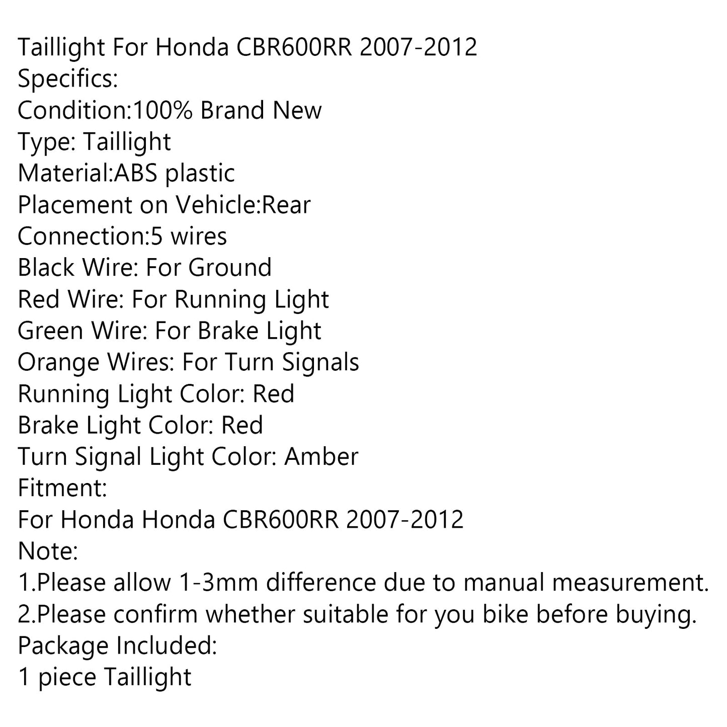 Moto Freno Posteriore Indicatori di Direzione Fanale Posteriore per Honda CBR 600RR 2007-2012 Rosso Generico