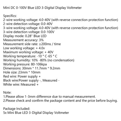 5x Mini DC 0-30V LED blu Pannello voltmetro a 3 display digitale calibrabile