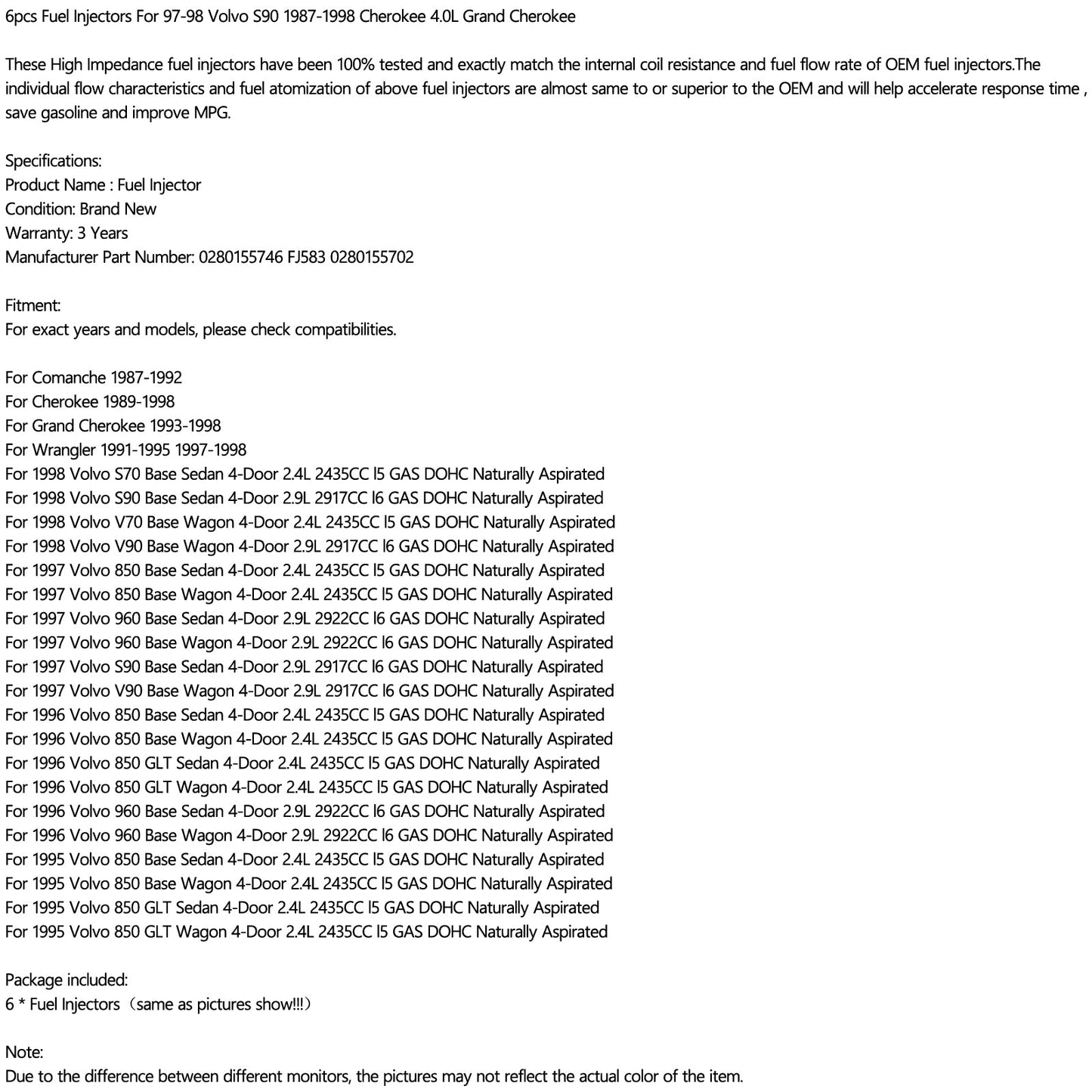 FJ583 0280155746 0280155702 6 pezzi iniettori di carburante per Volvo S90 97-98 1987-1998 Cherokee 4.0L Grand Cherokee generico