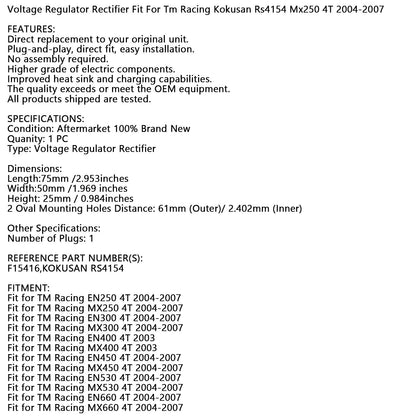 Raddrizzatore regolatore di tensione adatto per Tm Racing Kokusan Rs4154 Mx250 4T 2004-2007 generico