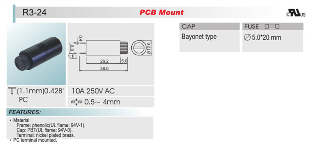 Portafusibile PCB verticale SCI R3-24 per fusibili in vetro 5x20mm 10A 250V